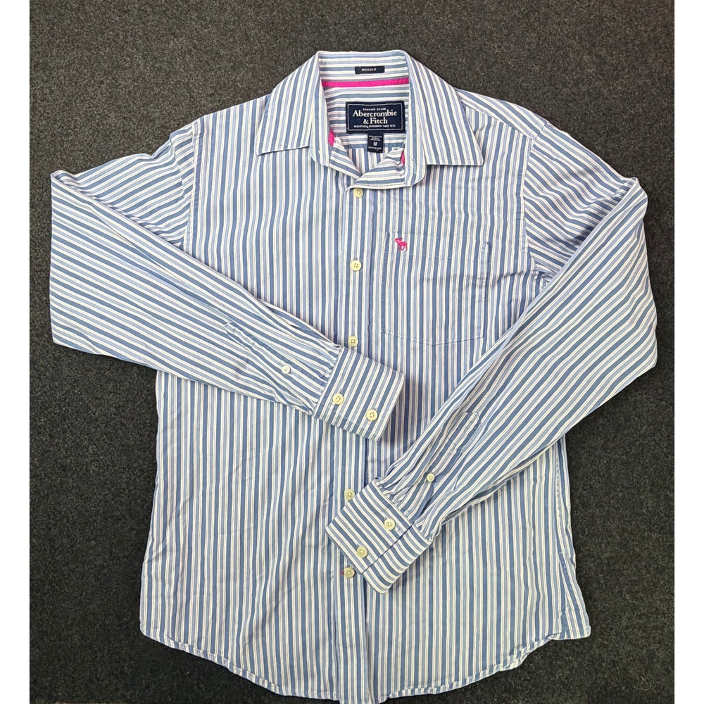 Abercrombie & Fitch Mens Muscle Fit Blue White Striped Cotton Button Down Shirt